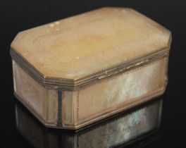 A late 18th/ early 19th century white metal mounted mother-of-pearl snuff box, of rectangular form