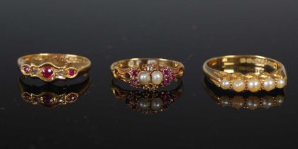 An 18ct gold and pearl five stone ring, size 'S', gross weight 4.2 grams, together with two other