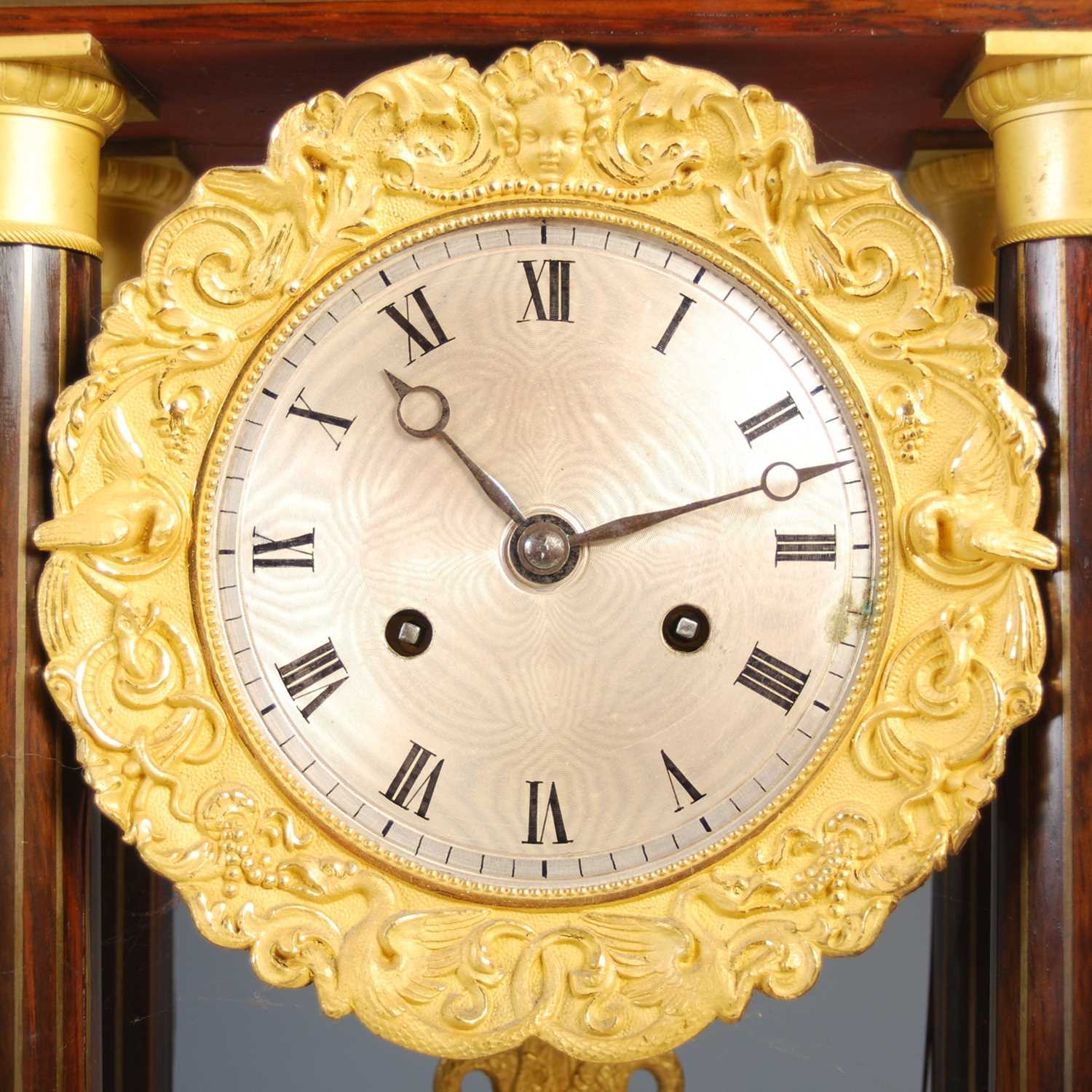 A French Charles X rosewood and brass inlaid Portico clock, the engine turned silvered dial with - Image 2 of 8