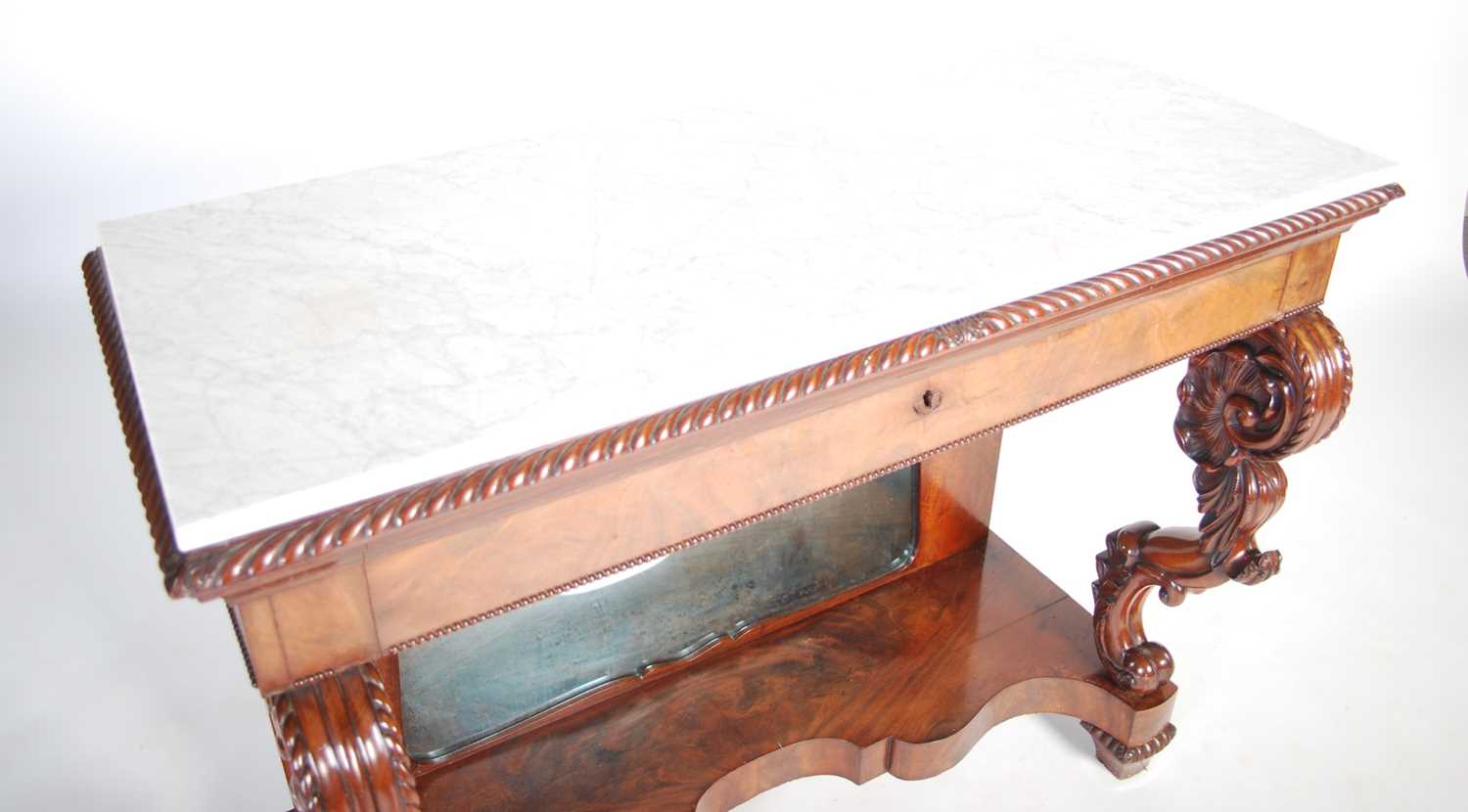 A 19th century French mahogany console table, the mottled white and grey rectangular marble top - Image 2 of 7