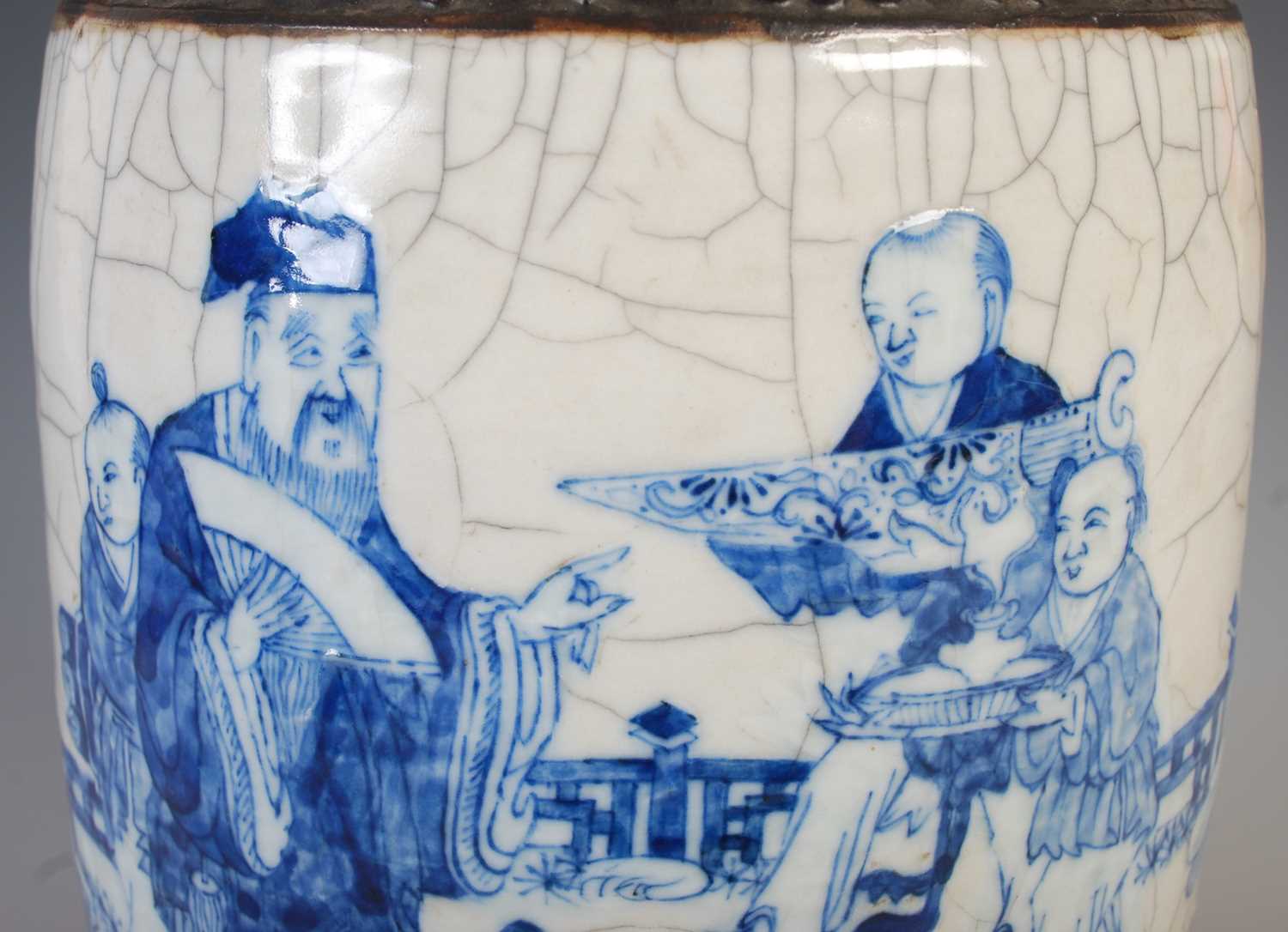 A Chinese porcelain blue and white crackle glazed vase, Qing Dynasty, decorated with scholar and - Image 3 of 8