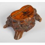 An unusual Scottish burr wood snuff box, the heart-shaped cover painted with a depiction of a