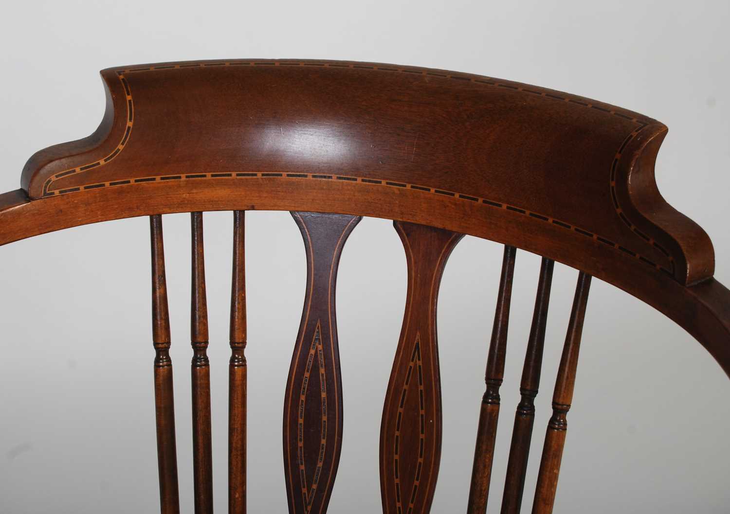 Two Edwardian mahogany chairs, one a horseshoe back armchair with vertical spindle gallery, floral - Image 5 of 9