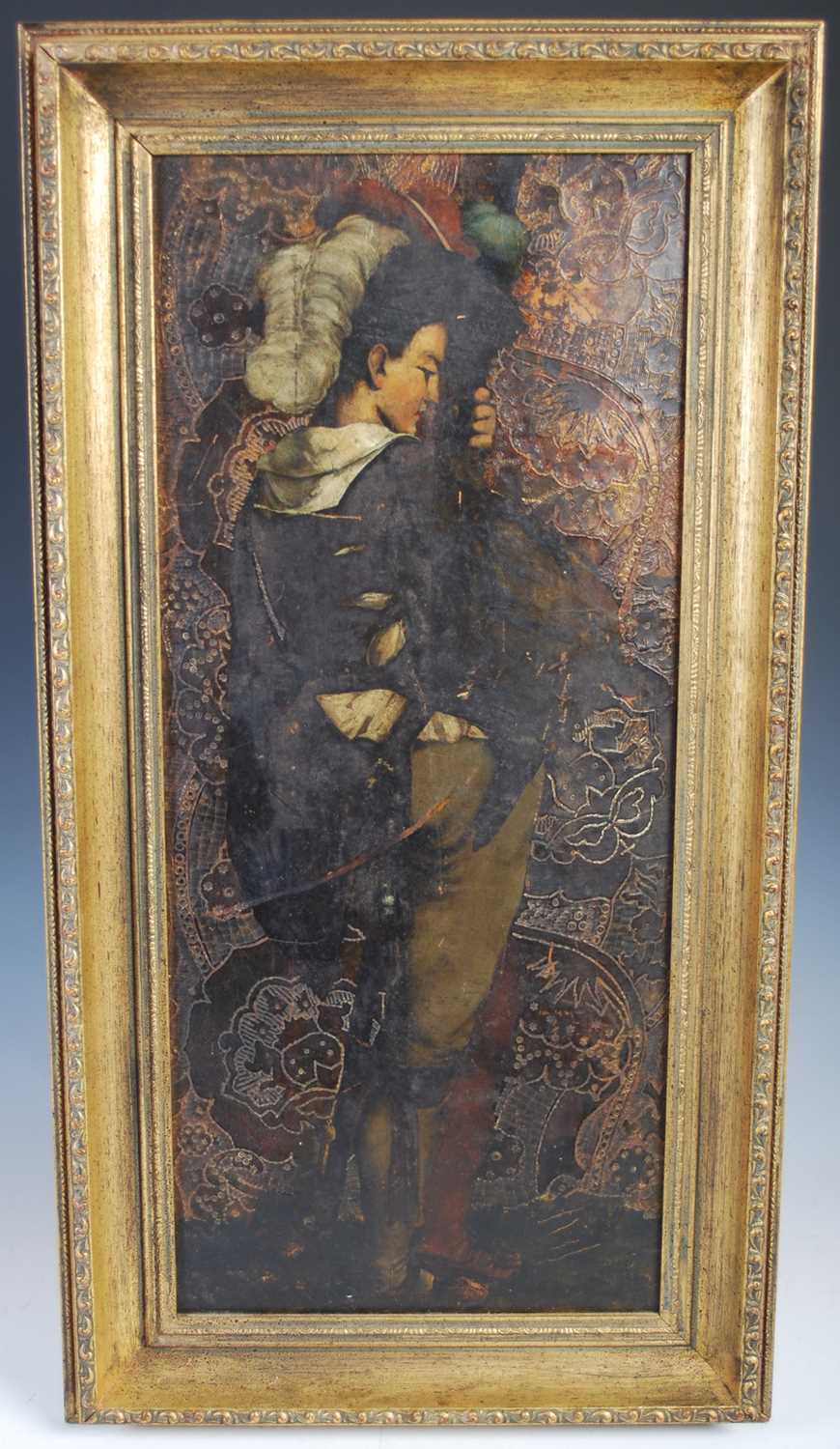 An Arts & Crafts painting on leather, decorated with a Japanese lady, 59cm x 25cm. - Image 2 of 5
