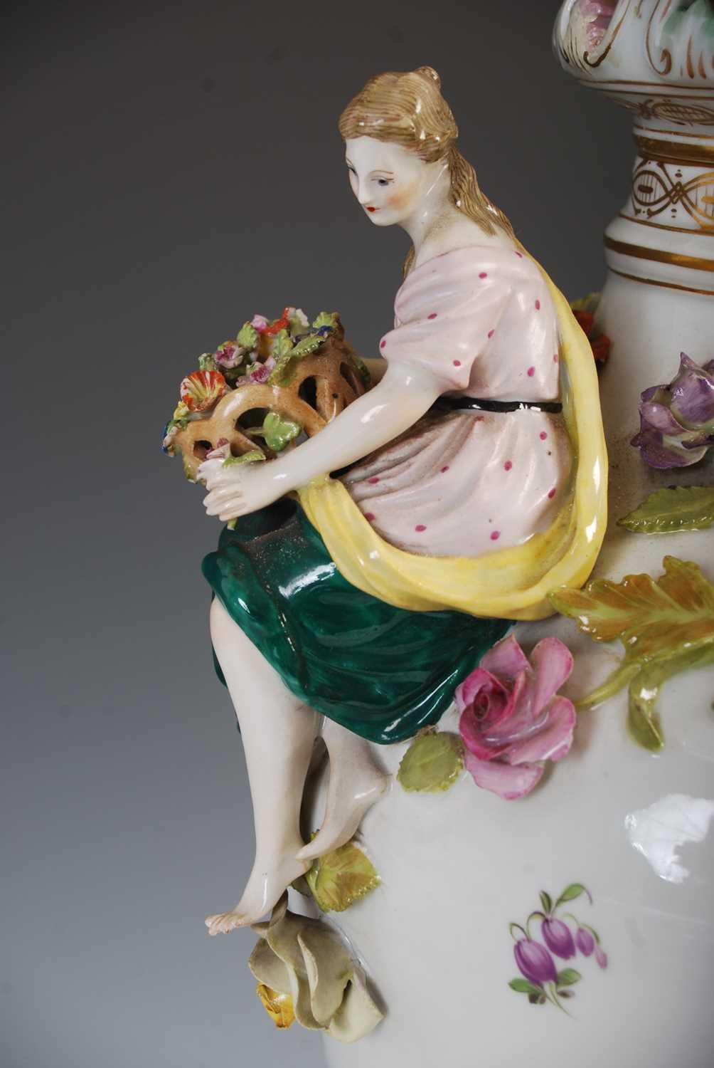 A late 19th / early 20th century Dresden porcelain urn, cover and stand, the urn decorated with - Image 6 of 11