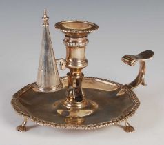 A George III silver chamber candlestick, London 1767, makers mark 'E.C' for Ebenezer Coker, engraved