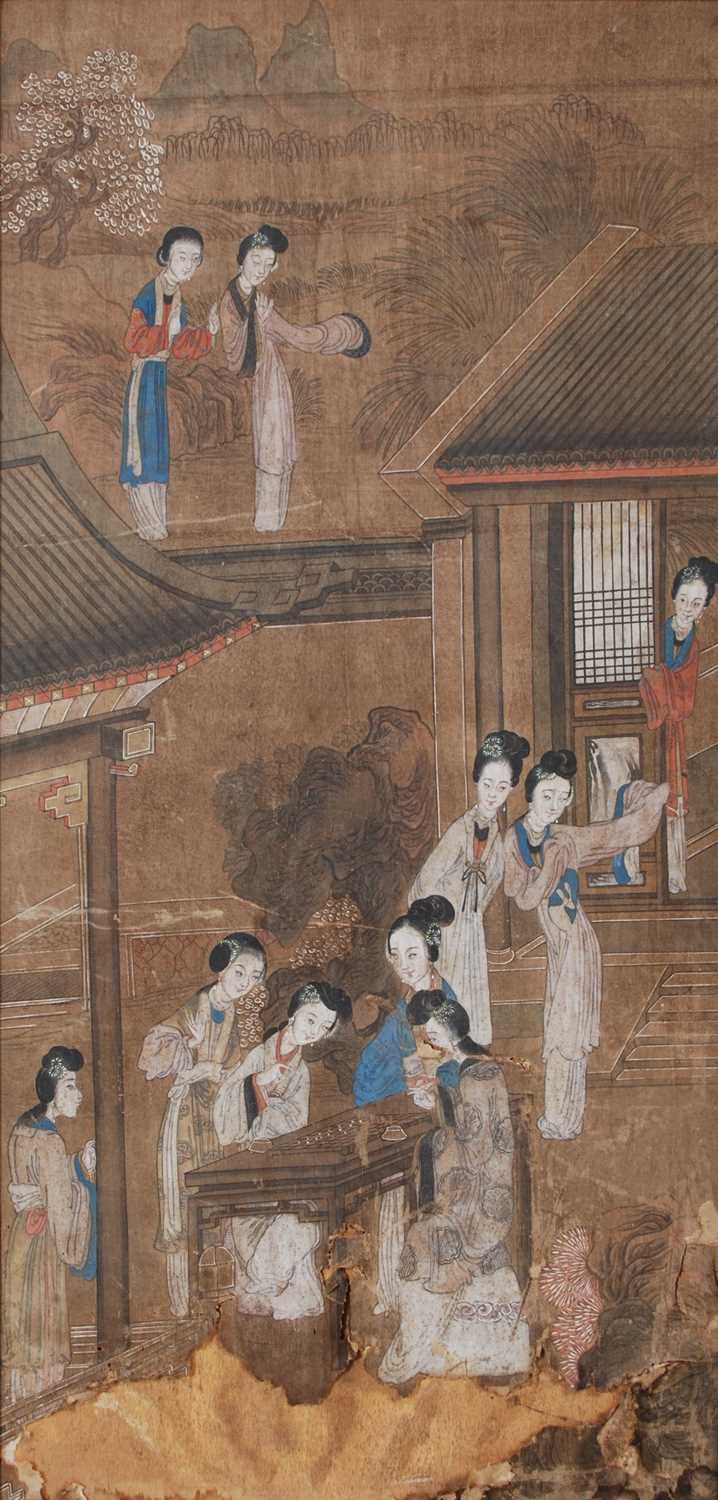 A Chinese painted silk picture, late 19th century, depicting ladies seated at a table playing the