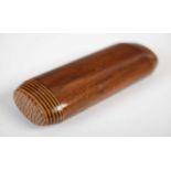 An unusual treen rounded oblong snuff box with sliding pull-out sleeve interior and Tunbridge ware-
