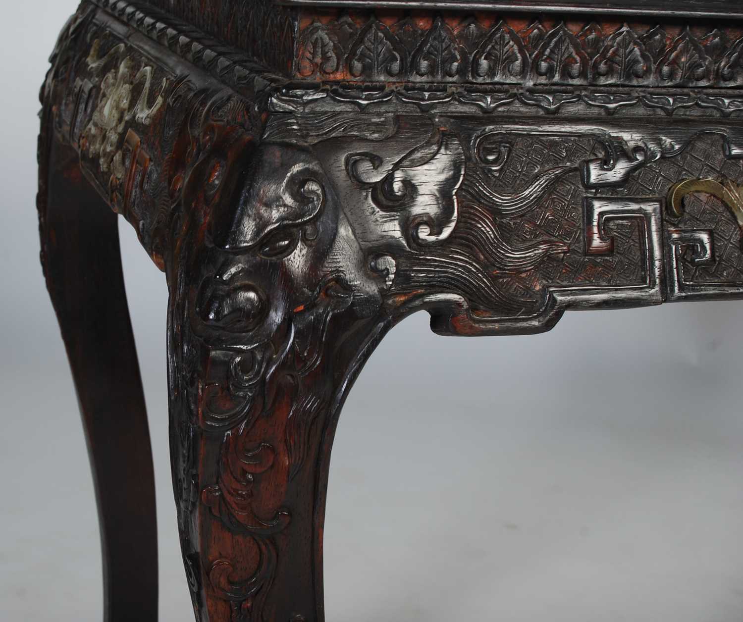 A Chinese dark wood and hardstone decorated scroll table, late 19th/ early 20th century, the - Image 3 of 7