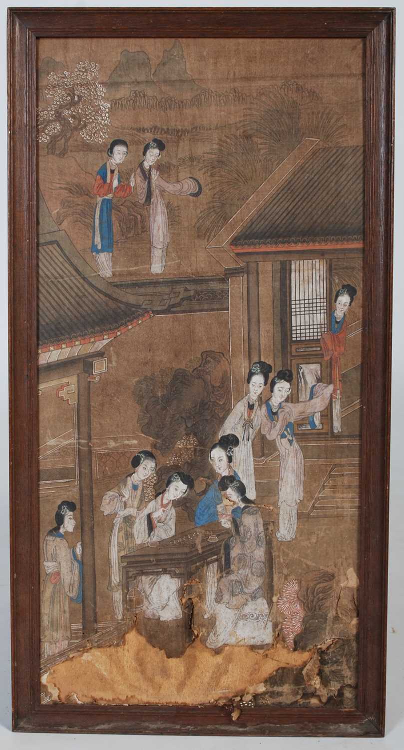 A Chinese painted silk picture, late 19th century, depicting ladies seated at a table playing the - Image 2 of 5