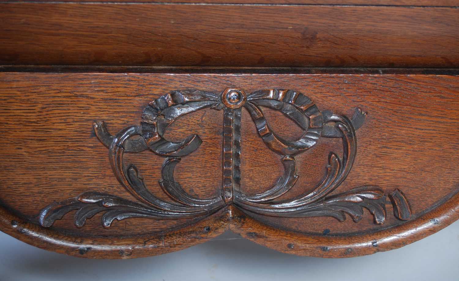 A late 18th century Dutch oak bombe chest, the shaped rectangular top above three long drawers and a - Image 7 of 9