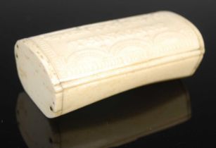 A bone trunk-shaped oblong snuff box, the curved hinged cover carved with swags and posy ‘WHEN