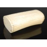 A bone trunk-shaped oblong snuff box, the curved hinged cover carved with swags and posy ‘WHEN