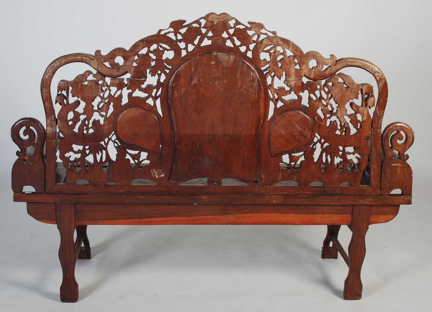 A Chinese dark wood and marble high-backed bench, late 19th/ early 20th century, the upright back - Image 8 of 8