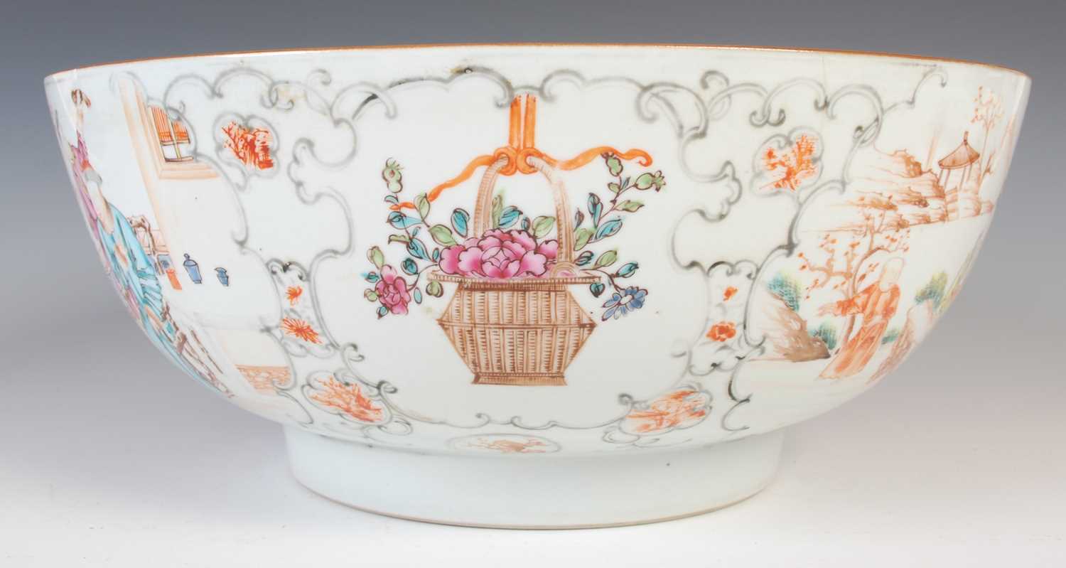 A Chinese porcelain famille rose punch bowl, Qing Dynasty, the interior decorated with peony - Image 3 of 9