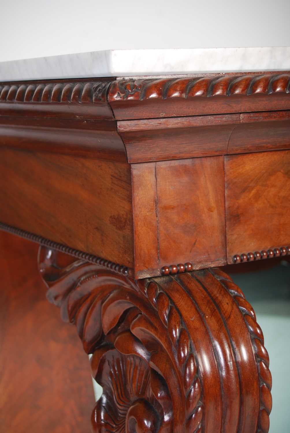 A 19th century French mahogany console table, the mottled white and grey rectangular marble top - Image 3 of 7