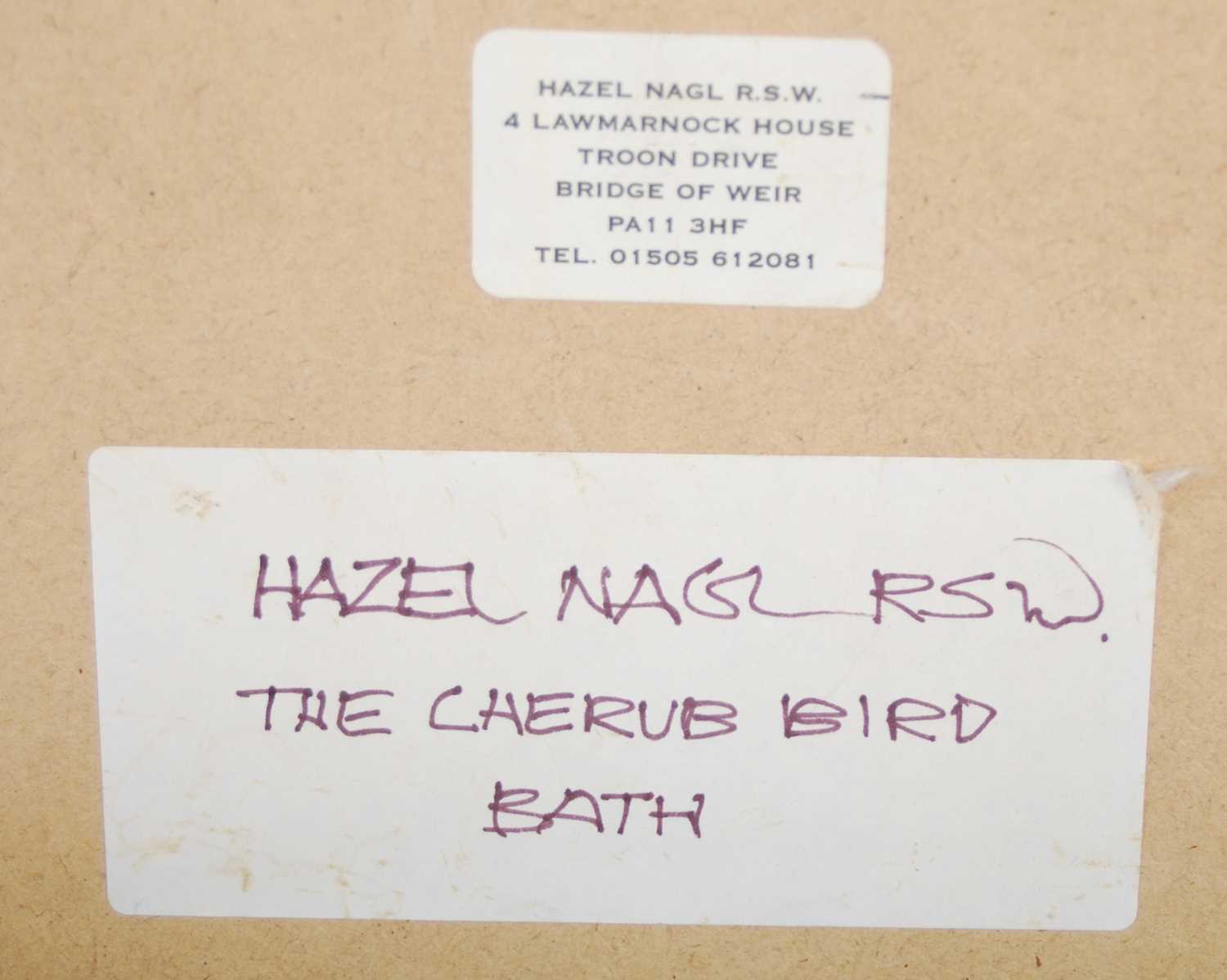 ARR Hazel Nagl RSW (b.1953) The Cherub Bird Bath watercolour, signed lower right 22.5cm x 28cm, - Image 5 of 5