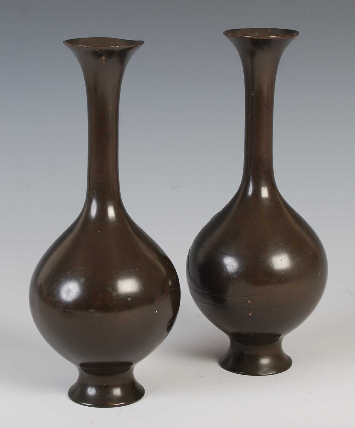 A pair of Japanese bronze bottle vases, late 19th / early 20th century, decorated in shallow - Image 2 of 8