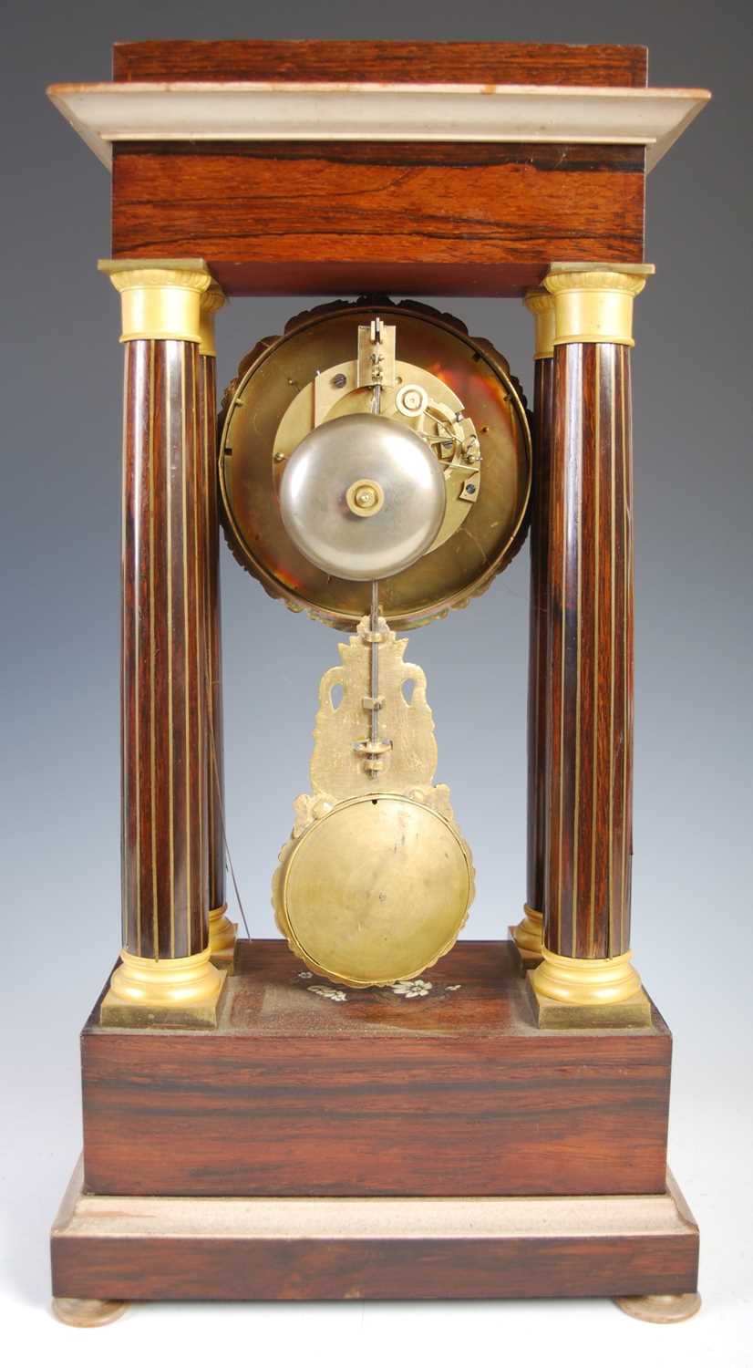 A French Charles X rosewood and brass inlaid Portico clock, the engine turned silvered dial with - Image 6 of 8