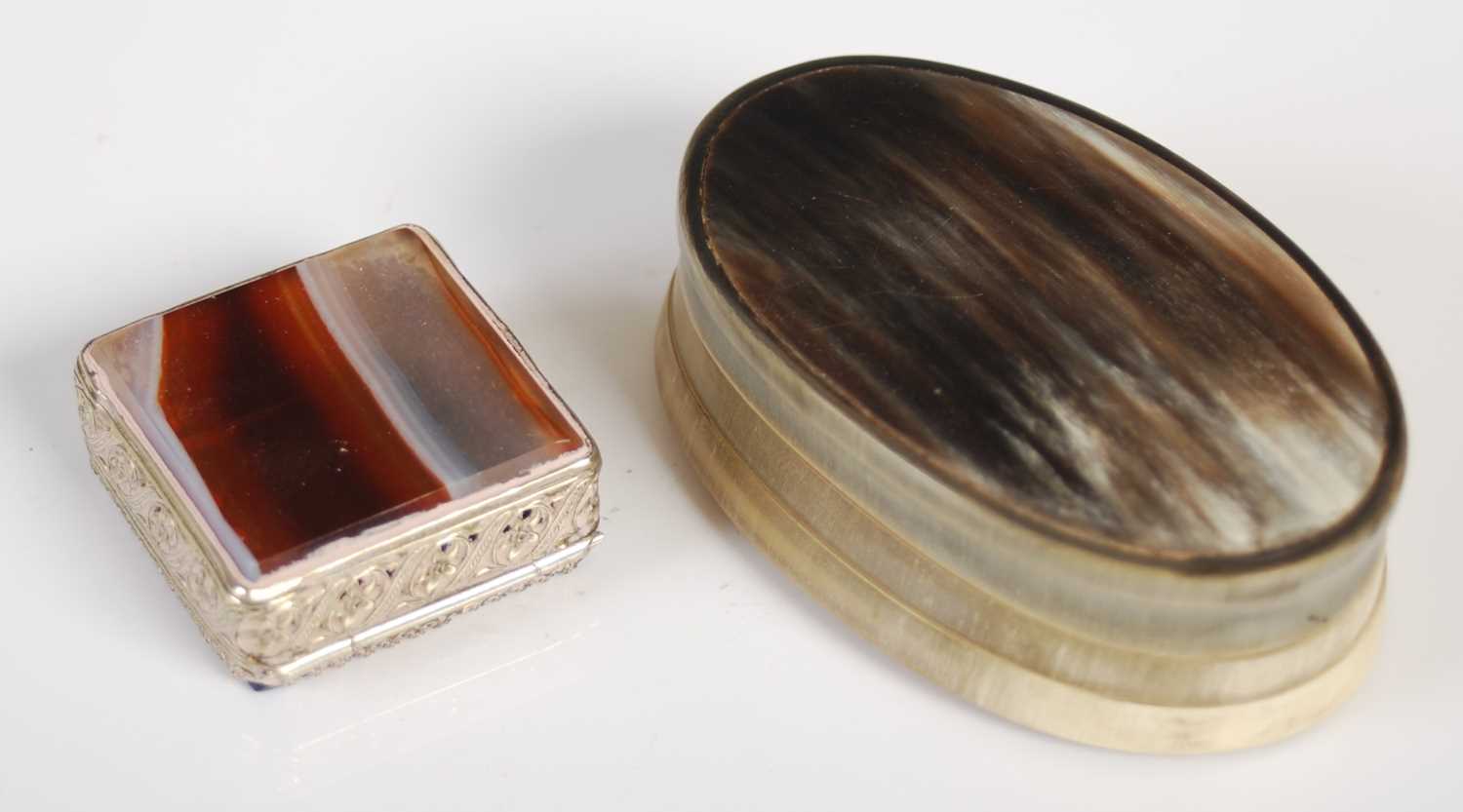 A late 19th century oval shaped horn snuff box and cover, the detachable cover centred with a - Image 2 of 3