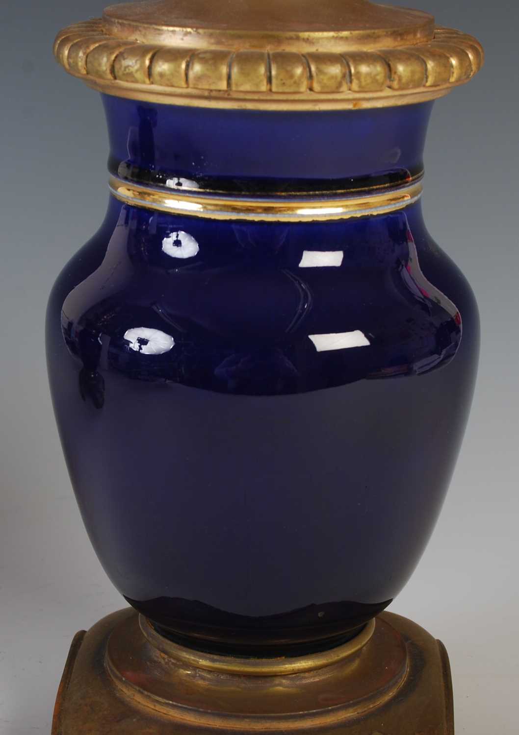 A pair of gilt metal mounted blue pottery table lamps, formally oil burning paraffin lamps, 39cm - Image 4 of 7