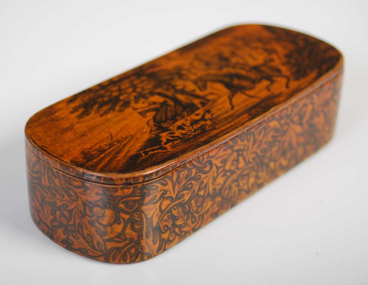 A Mauchline ware penwork rounded oblong snuff box with integral wooden hinge, finely decorated