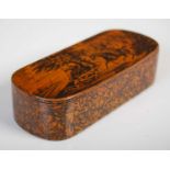 A Mauchline ware penwork rounded oblong snuff box with integral wooden hinge, finely decorated