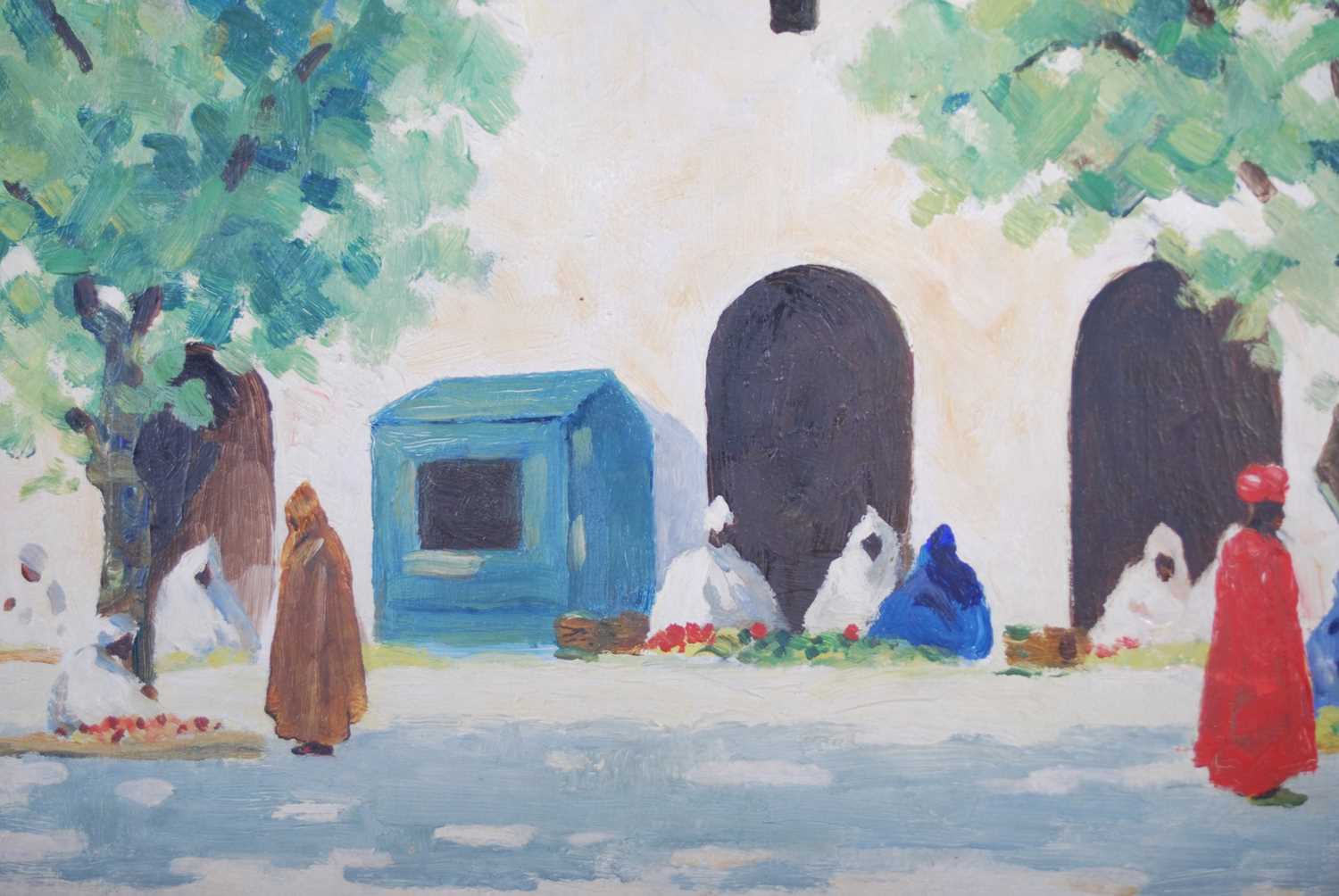 Hans Jacob Hansen RSW (1853-1947) North African street scene with figures taking shade oil on panel, - Image 4 of 5