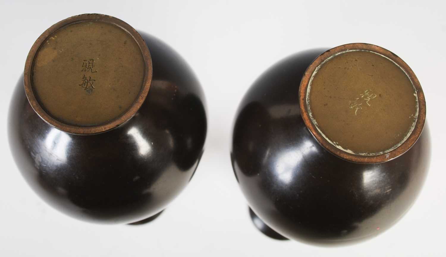 A pair of Japanese bronze bottle vases, late 19th / early 20th century, decorated in shallow - Image 6 of 8