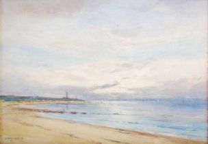 David West RSW (1868-1936) Morayshire coastline with Lossiemouth Lighthouse watercolour, signed