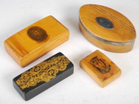 A group of four Mauchline Ware / treen snuff boxes, to include a rare black lacquered rectangular