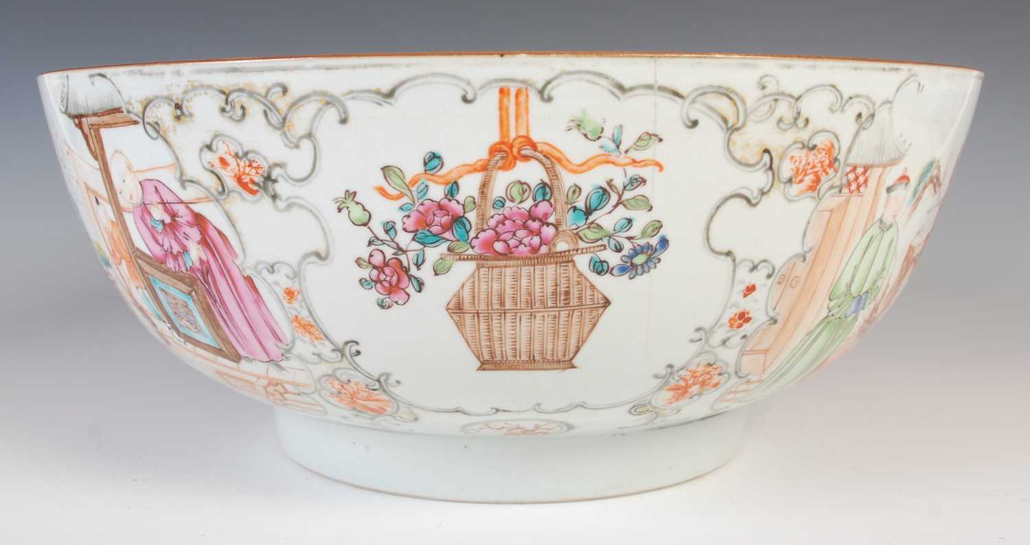 A Chinese porcelain famille rose punch bowl, Qing Dynasty, the interior decorated with peony - Image 5 of 9