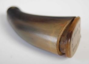 A Scottish curved horn snuff flask, the terminal with brass swivelling dispenser, hinged cover
