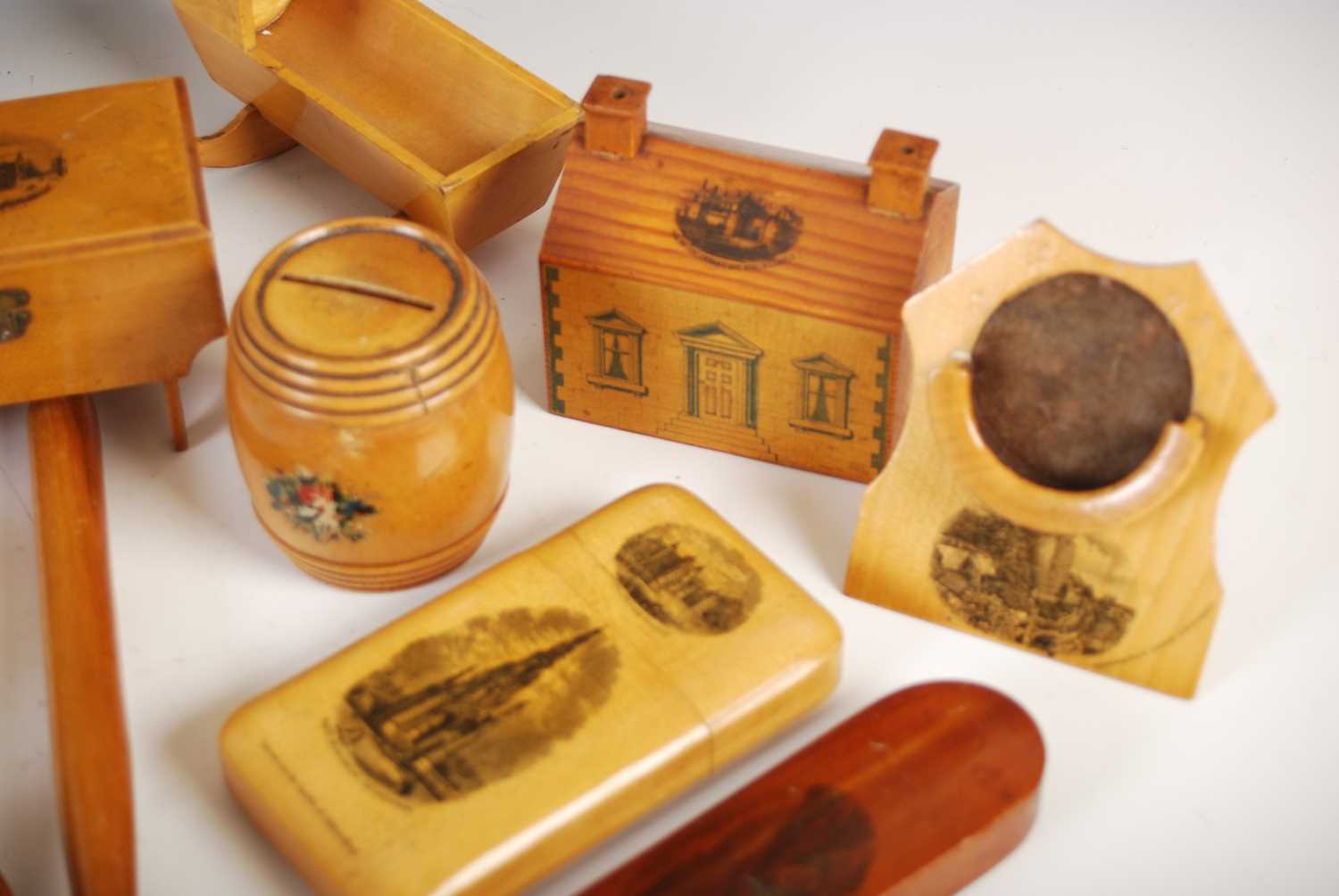 A collection of Mauchline Ware, to include a cigar case 'Edinburgh Castle from Princes street' 13cm; - Image 3 of 8