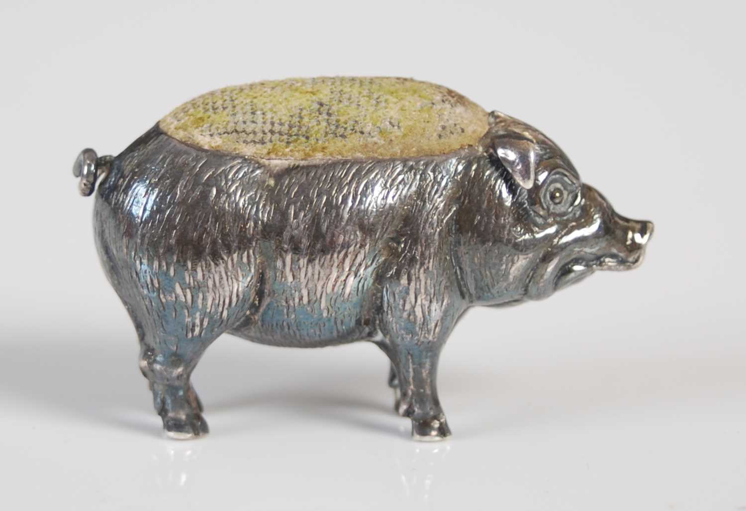 An Edwardian silver pin cushion modelled as a pig, Birmingham 1909, makers mark for 'Adie & - Image 2 of 3