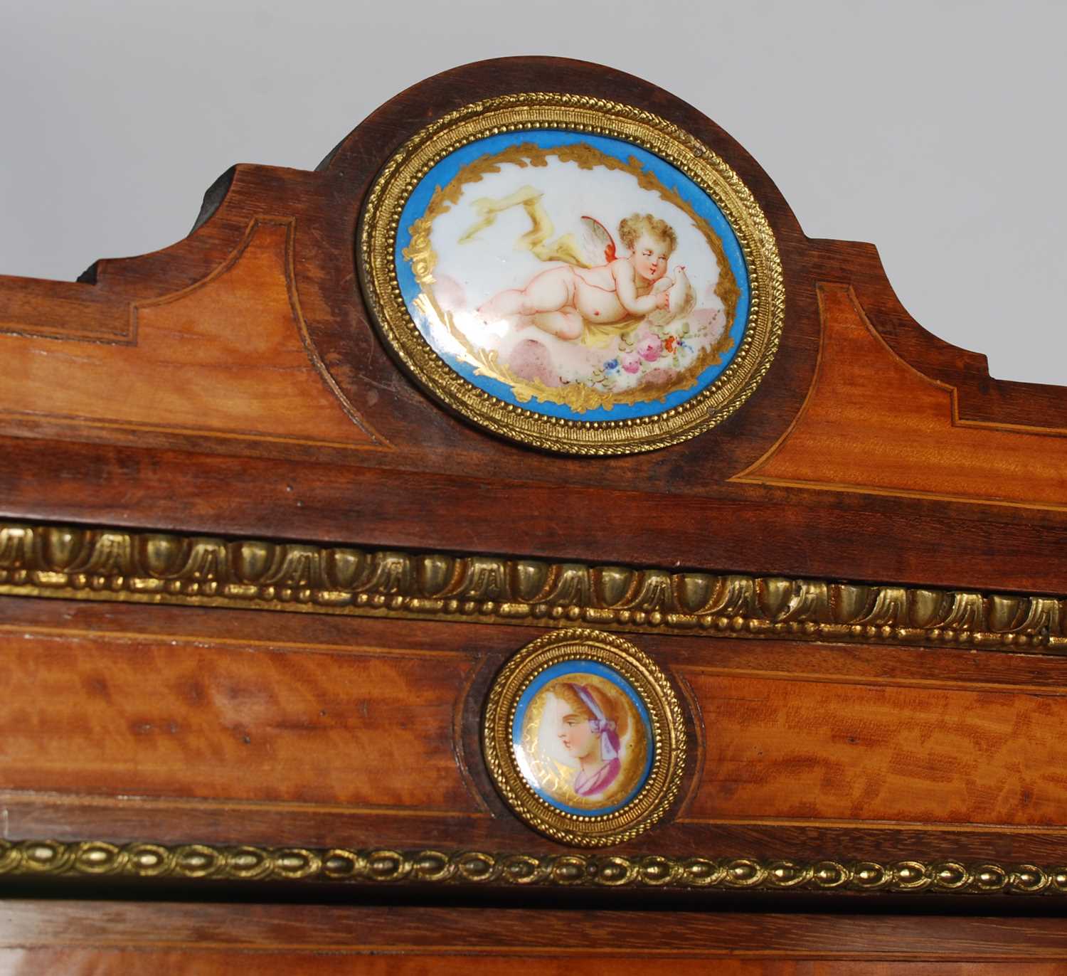 A pair of late 19th century satinwood, porcelain and gilt metal mounted display cabinets, the - Image 3 of 8