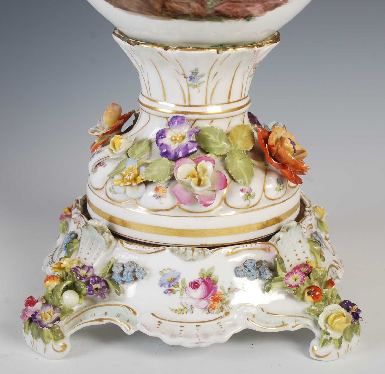 A late 19th / early 20th century Dresden porcelain urn, cover and stand, the urn decorated with - Image 4 of 11