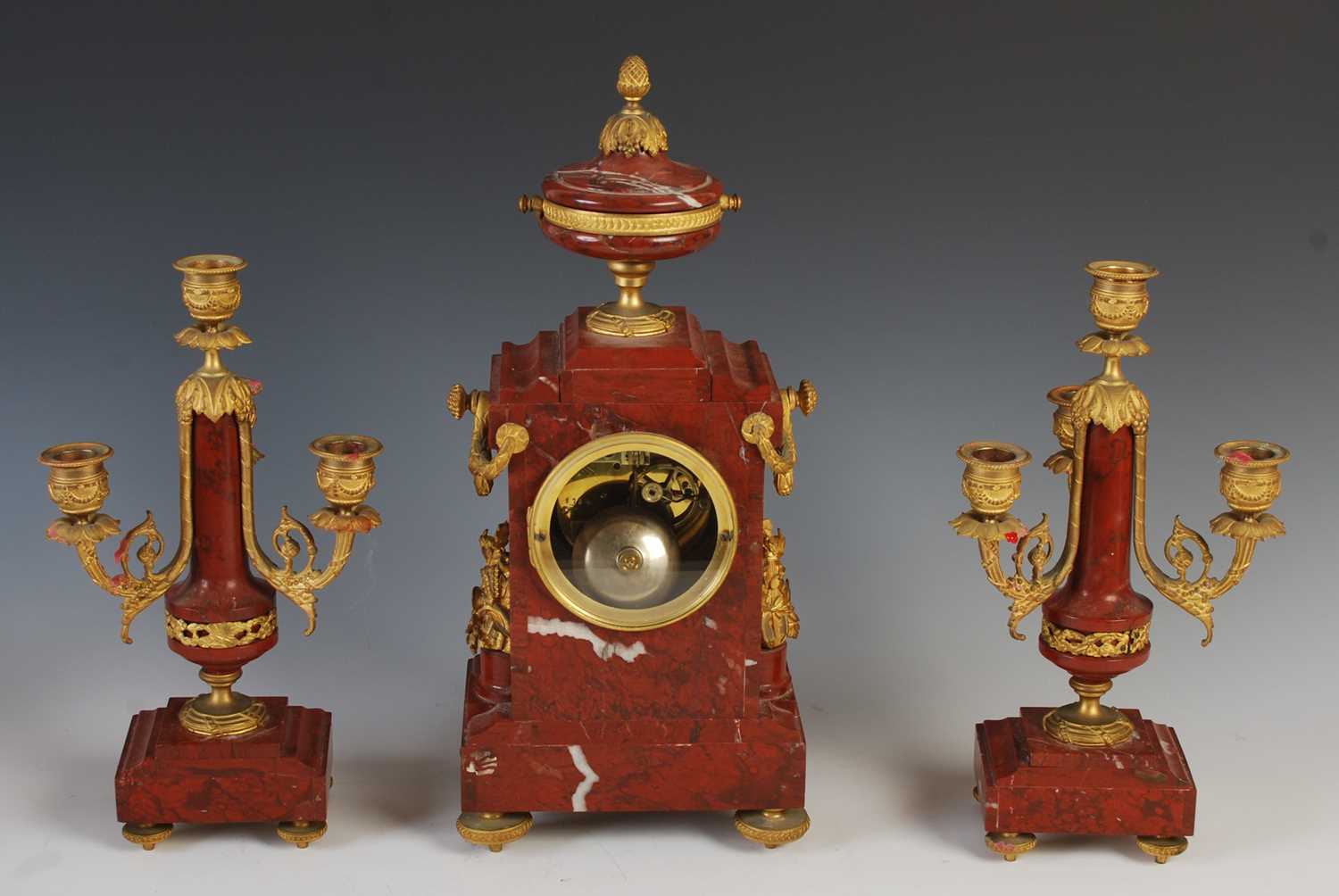 A late 19th century French marble and gilt metal mounted clock garniture, the clock with circular - Image 3 of 5