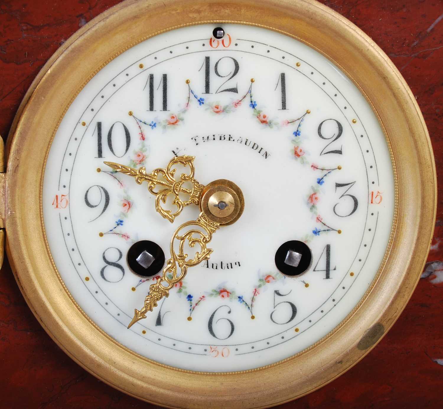 A late 19th century French marble and gilt metal mounted clock garniture, the clock with circular - Image 2 of 5