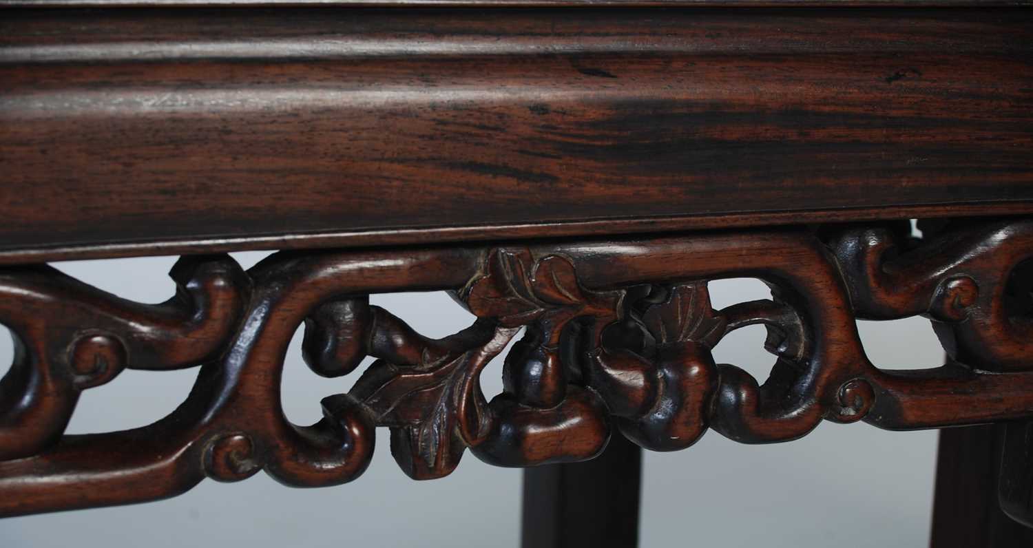 A pair of Chinese dark wood square occasional tables, late Qing Dynasty, the square panelled tops - Image 5 of 6