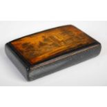 A Mauchline ware oblong snuff box, the hinged cover with finely drawn penwork scene of a turreted