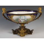 A late 19th century French ormolu mounted porcelain table centrepiece, the oval porcelain bowl