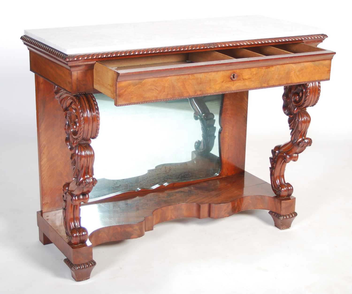 A 19th century French mahogany console table, the mottled white and grey rectangular marble top - Image 6 of 7