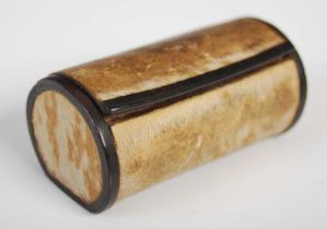 A small leather cylindrical snuff box in the form of a travelling trunk, with leather integral hinge