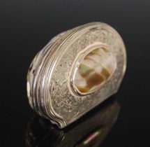 A late 18th century/ early 19th century white metal mounted abalone shell snuff box, the hinged