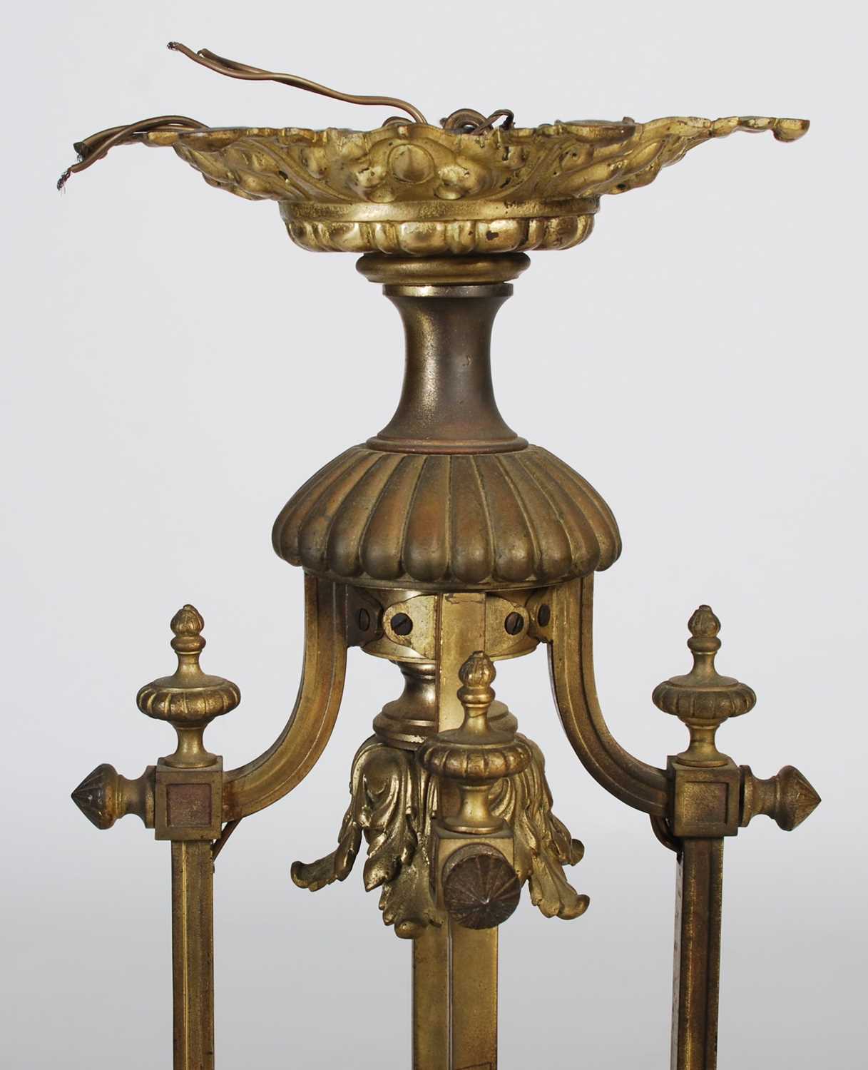 A late 19th/ early 20th century brass four-light hanging chandelier, set with four foliate cast - Image 2 of 6