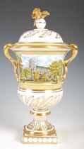 A Coalport hand-painted twin handled urn and cover, 'To commemorate the 25th anniversary of the