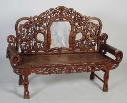 A Chinese dark wood and marble high-backed bench, late 19th/ early 20th century, the upright back