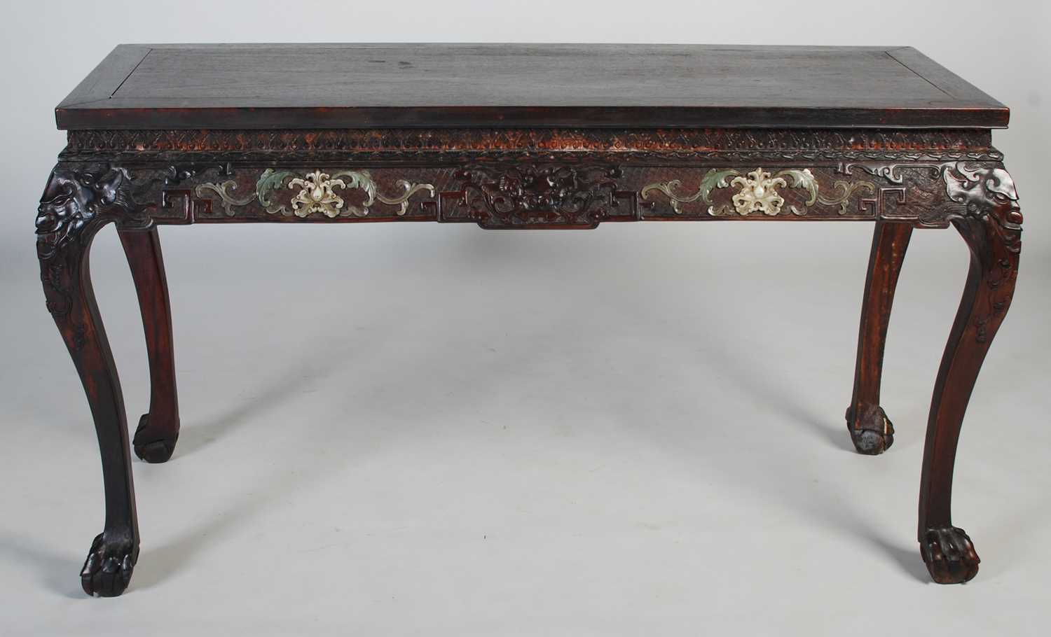 A Chinese dark wood and hardstone decorated scroll table, late 19th/ early 20th century, the - Image 7 of 7