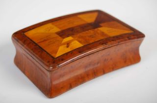A fine Scottish burr yew oblong snuff box with incurved sides and integral wooden hinge, the cover